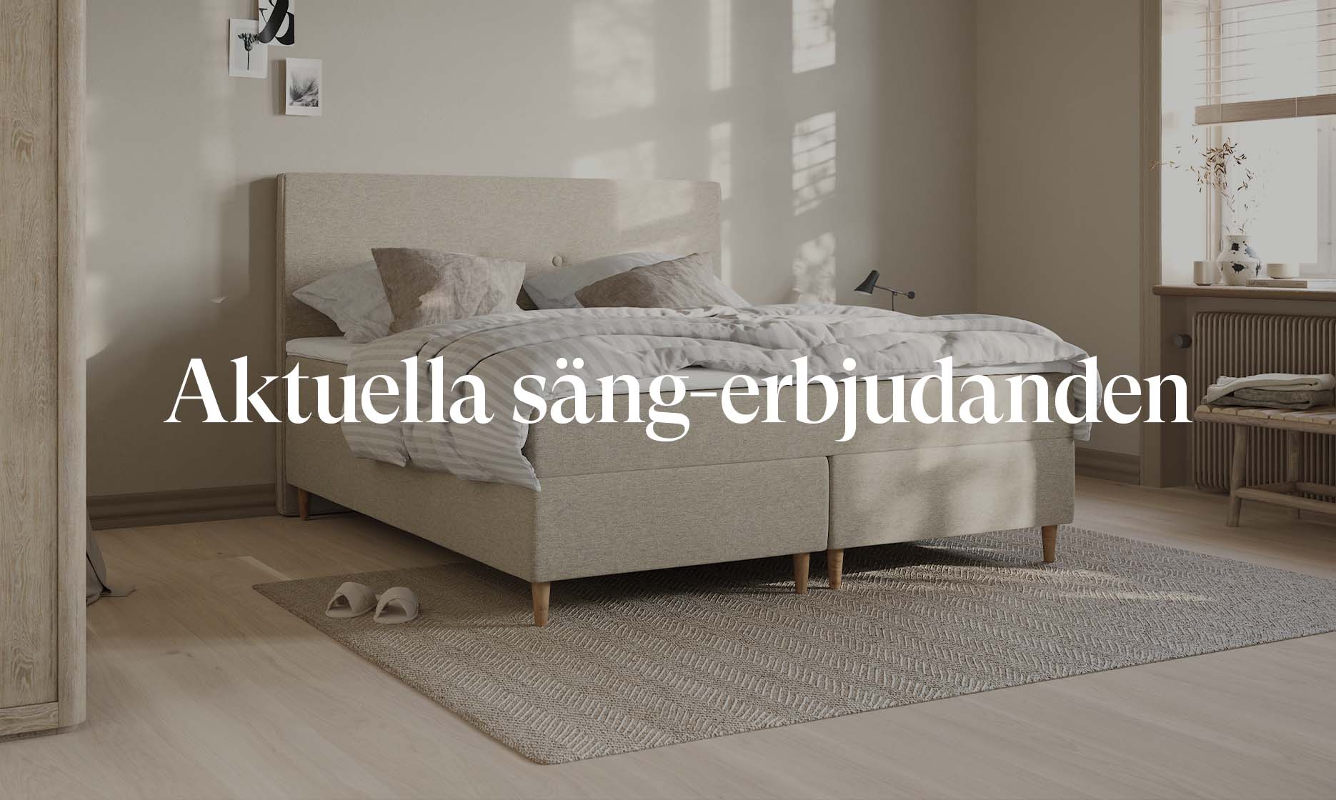 Illustration av en säng i ett sovrum, med texten 'Aktuella säng-erbjudanden'